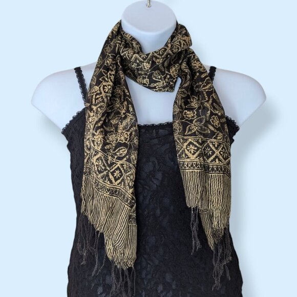 Vintage Black & Beige Floral Fringe Scarf - Picture 2 of 5
